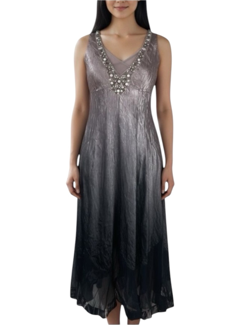 KOMAROV Taupe Satin Beaded Sleeveless Midi Dress Size S Bohemian Chic